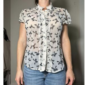 Vintage Bettie Page Semi-Sheer Black Ribbon Button Up Shortsleeve Shirt Size M
